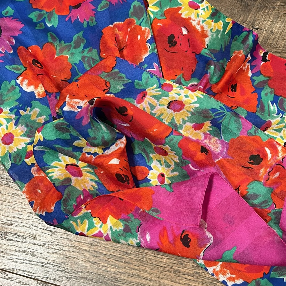 Vintage Bright Silk Long Scarf Poppies Daisies and Stripes